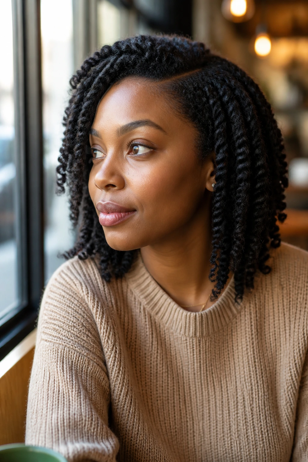Close-up of a real woman showing a side-parted twist-out with curls extending below the cheekbone