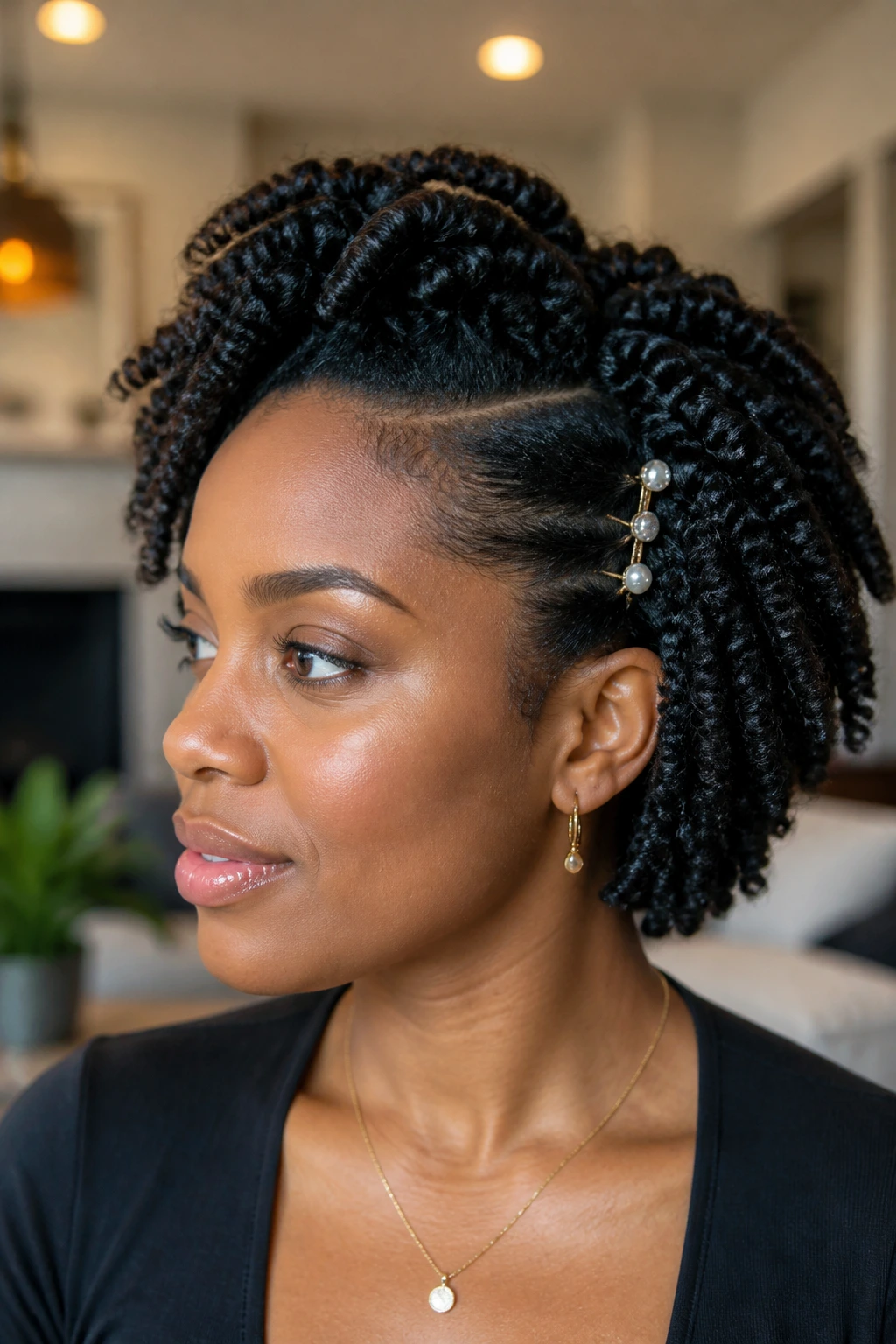 Close-up of a real woman with defined twist-out and side pin cluster