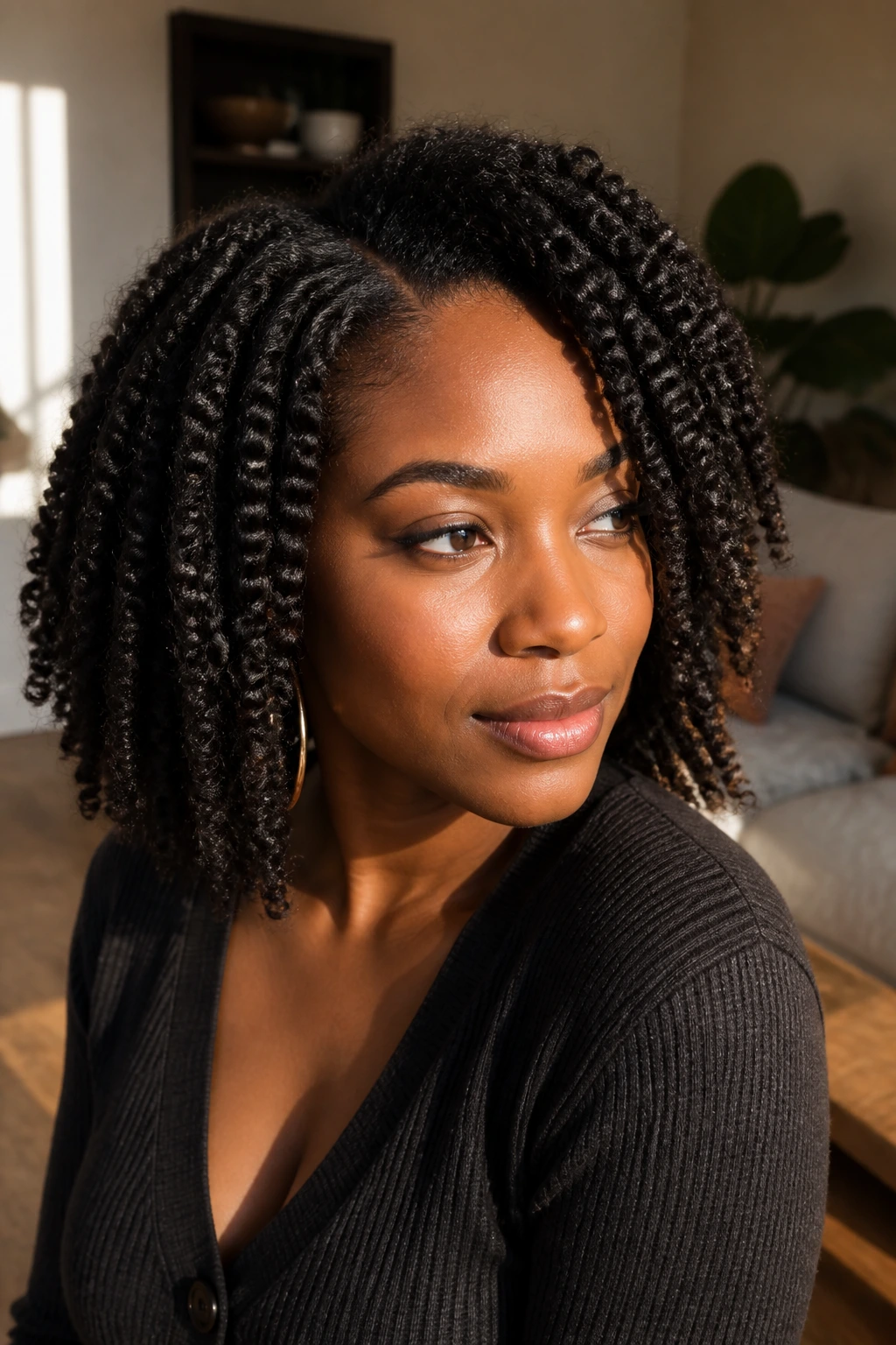 Real woman with shoulder-length twist-out and stretched roots