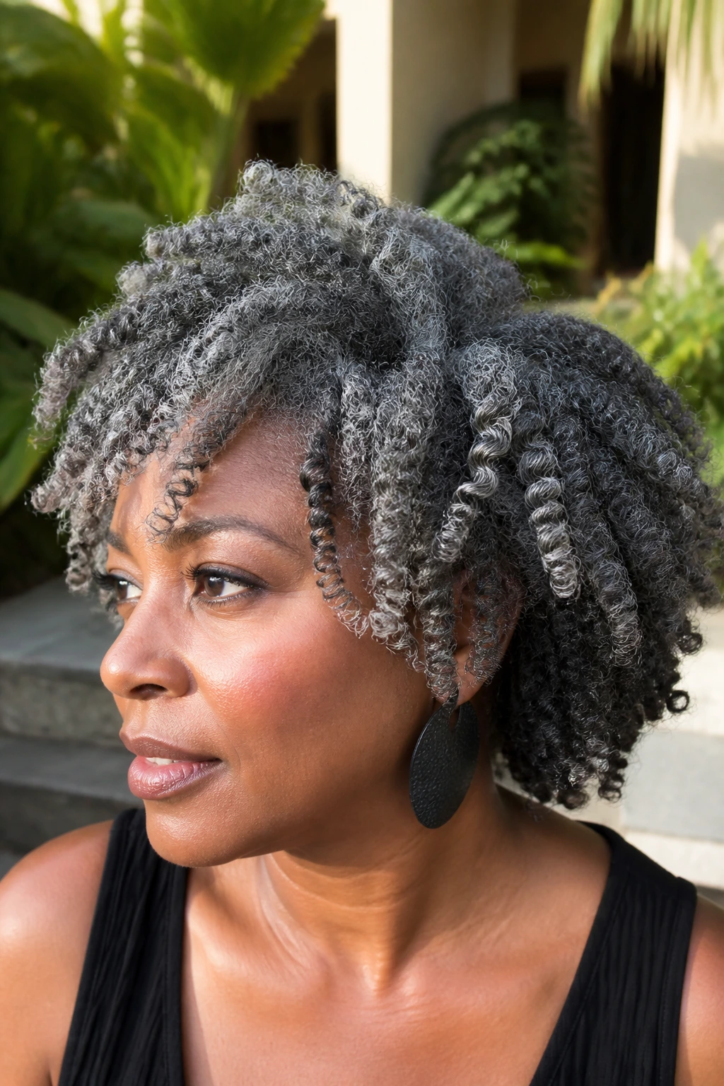 Real person with silver-gray twist-out on stretched coils in a sunlit courtyard.