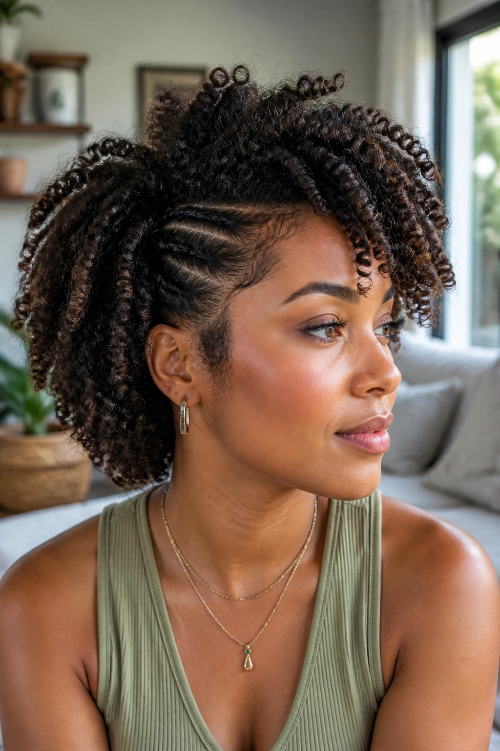Close-up of a real woman with twist-out showing tweaks around temples and crown