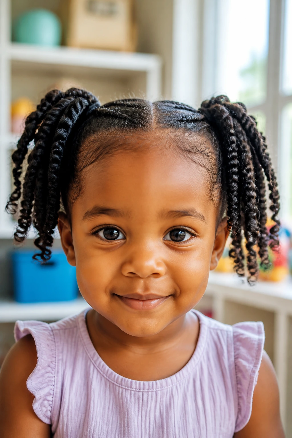 Close-up of real toddler with twist-out pigtails in a bright playroom