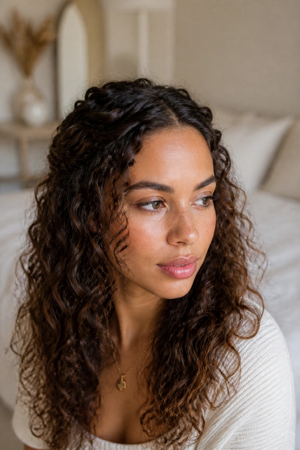 Close-up portrait of a real woman wearing a twist-and-pin crown hairstyle.