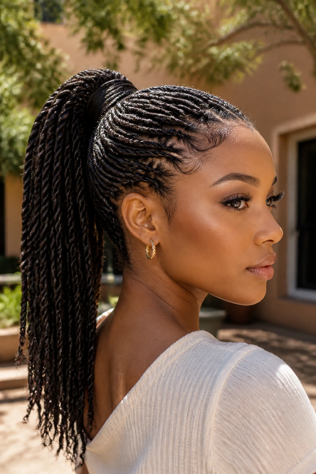 Real person with wrapped-base twist ponytail outdoors