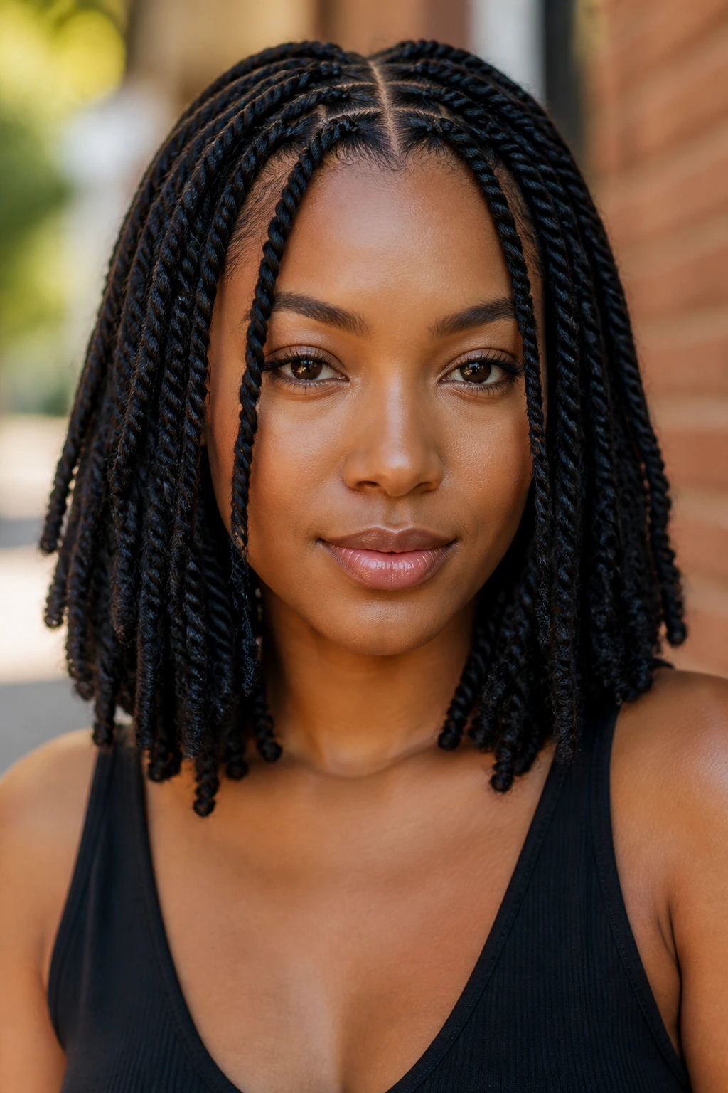 Close-up of a real woman with shoulder-length medium twists and center part