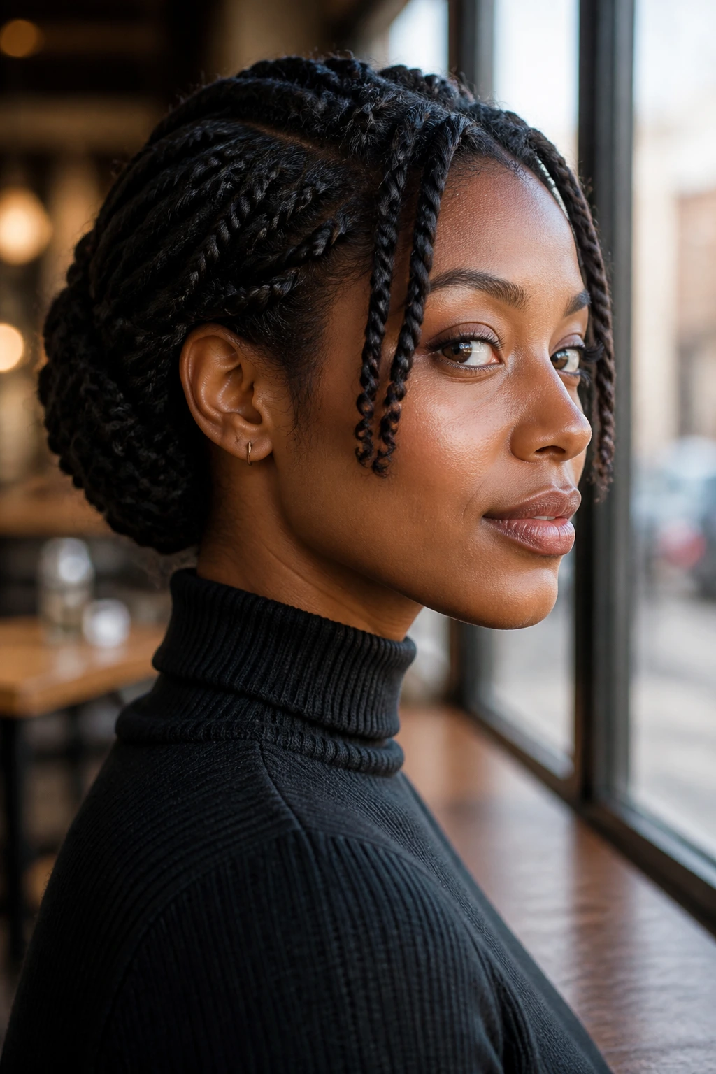 Close-up of twist-and-tuck nape style on short natural hair