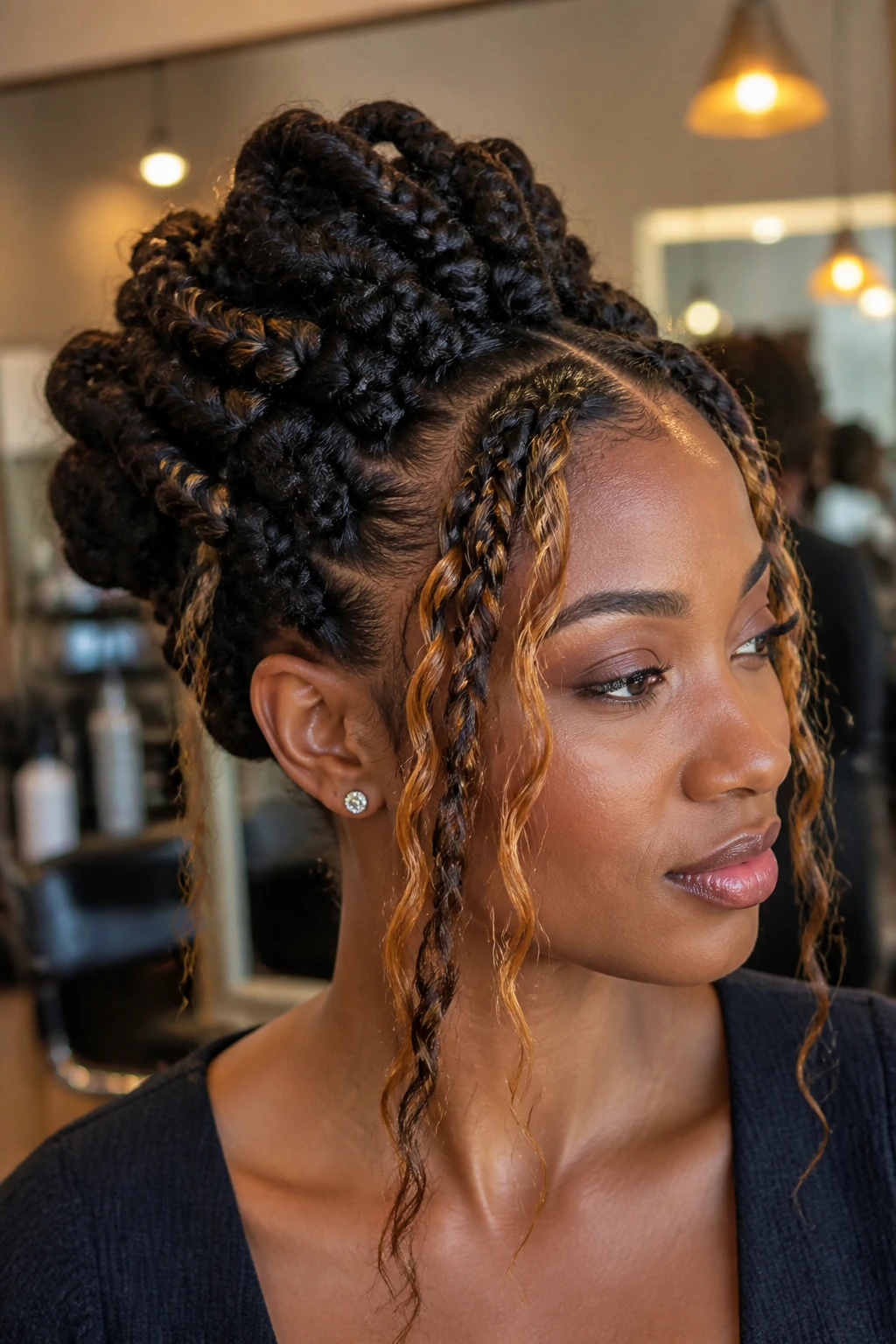 Portrait of a real person with chunky twist updo and face-framing babylights in a chic salon