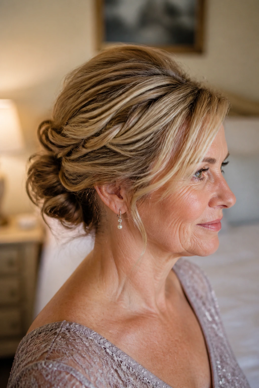 Close-up portrait of a real woman wearing a twist-and-pin updo for layered hair in a cozy bedroom
