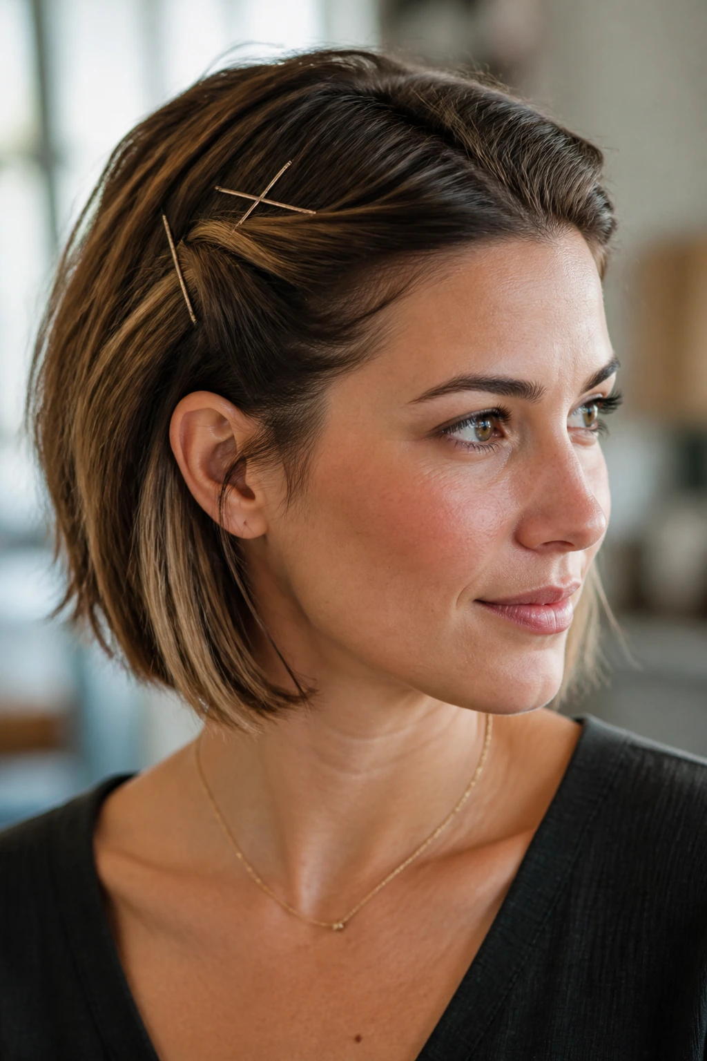 Close-up portrait of a real woman with a twisted-back grow-out bob hairstyle.