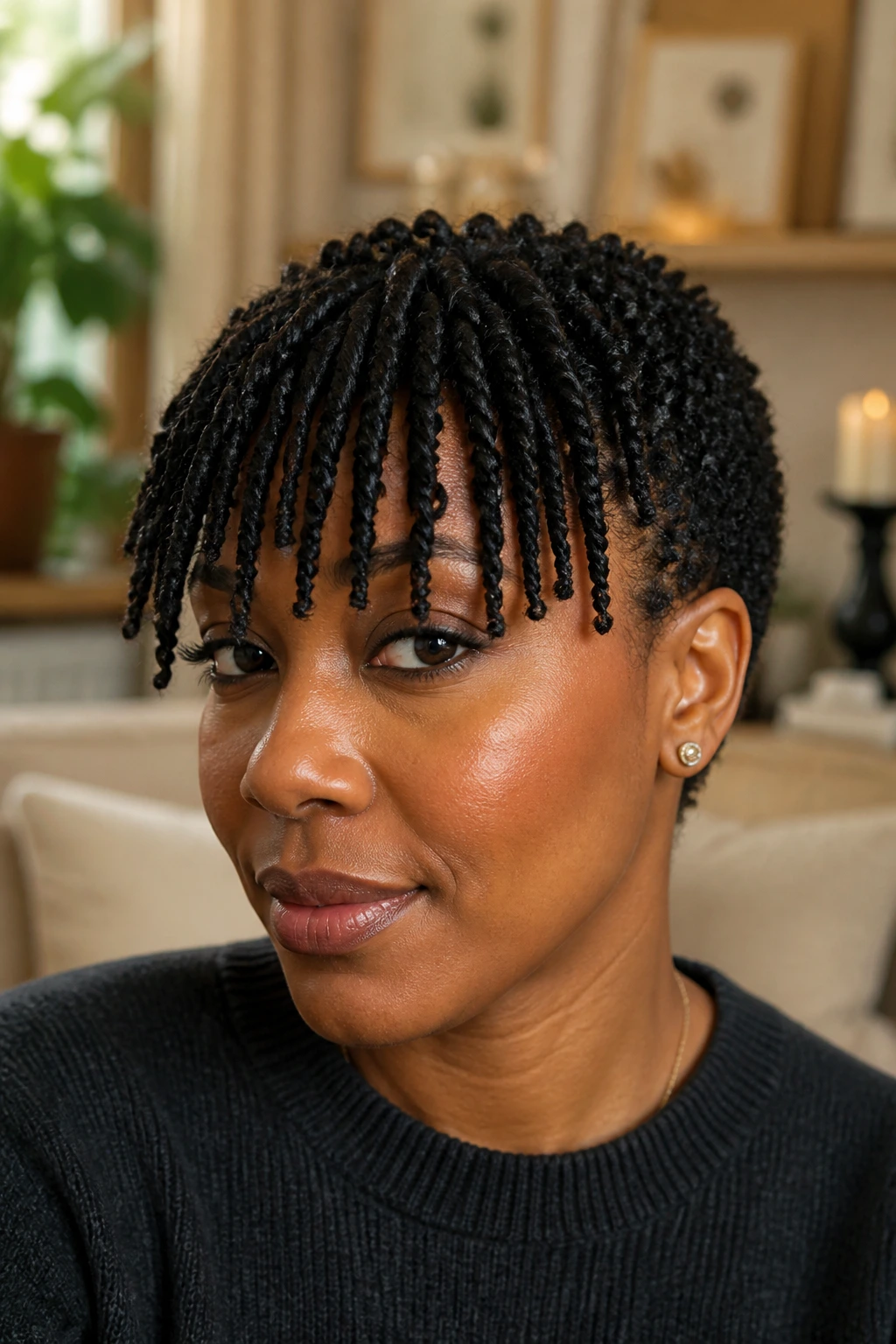 Close-up of a real woman with twisted bangs and short back