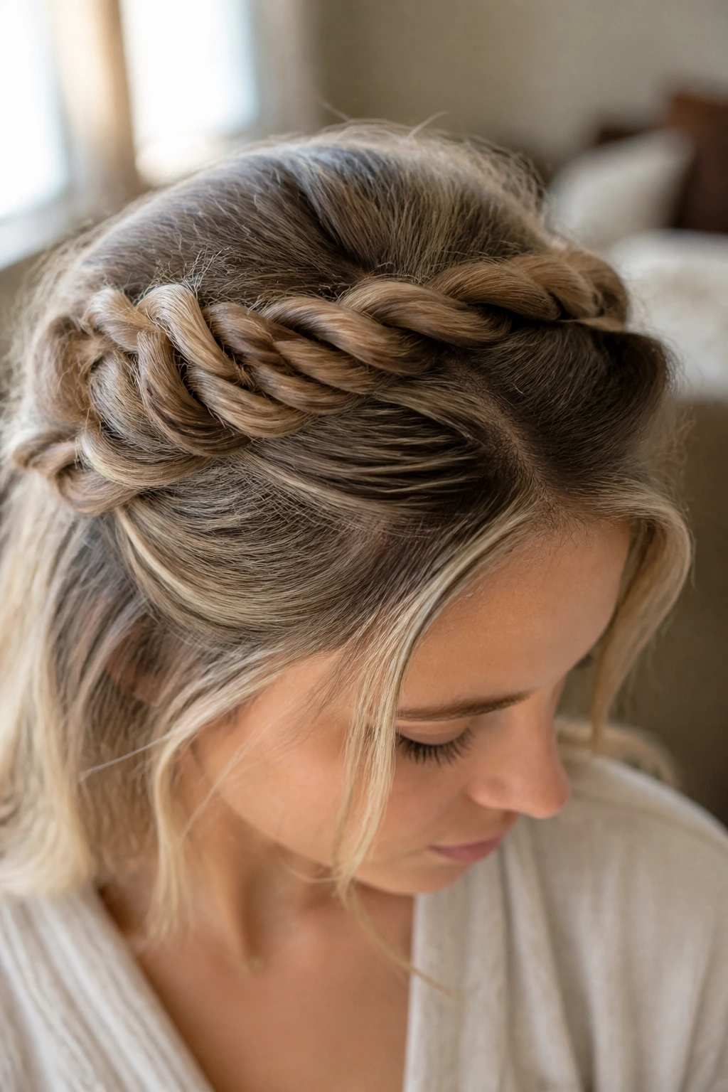 Real woman with a twisted braid crown around the head