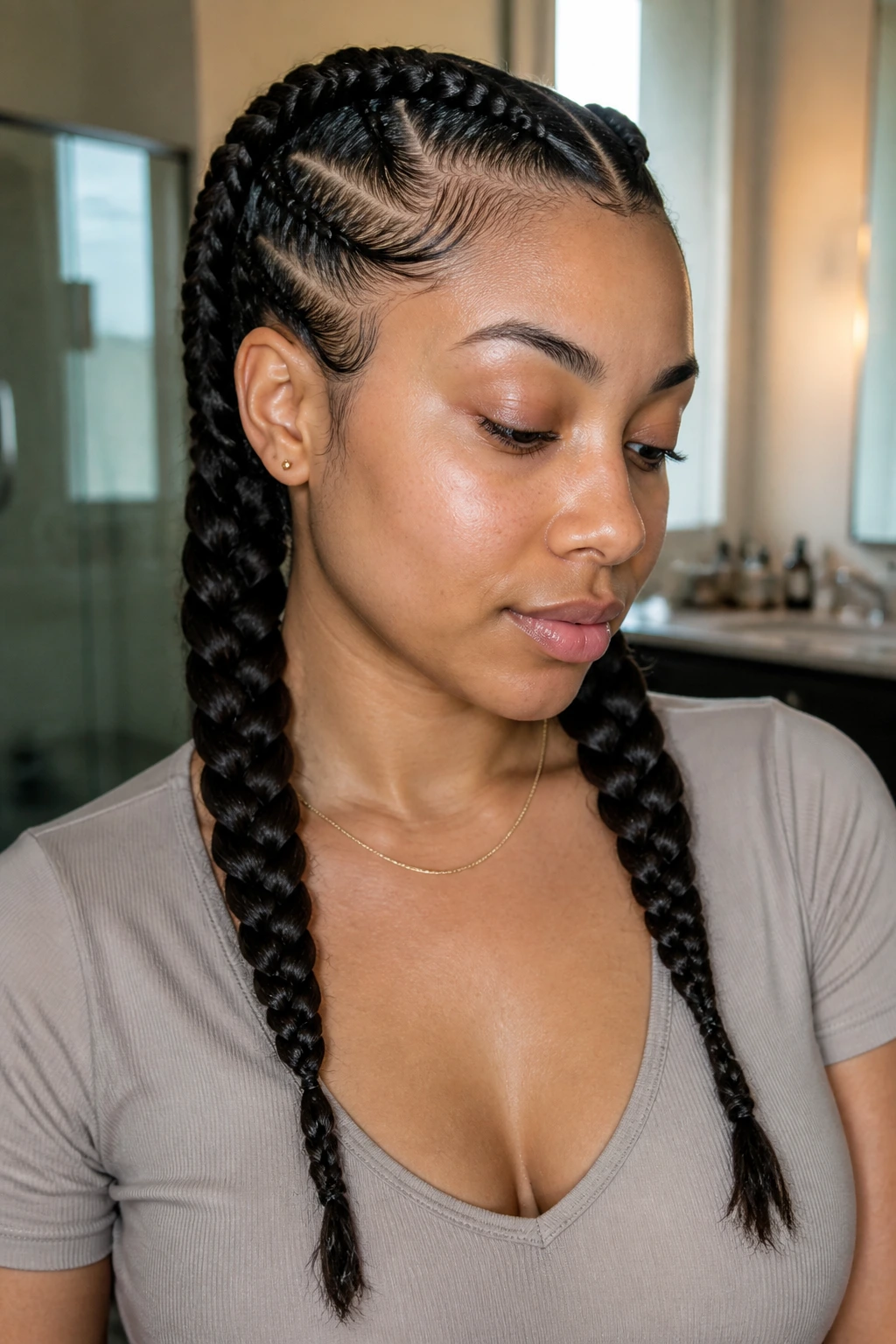 Close-up of twisted-ends double braids on a real woman's head