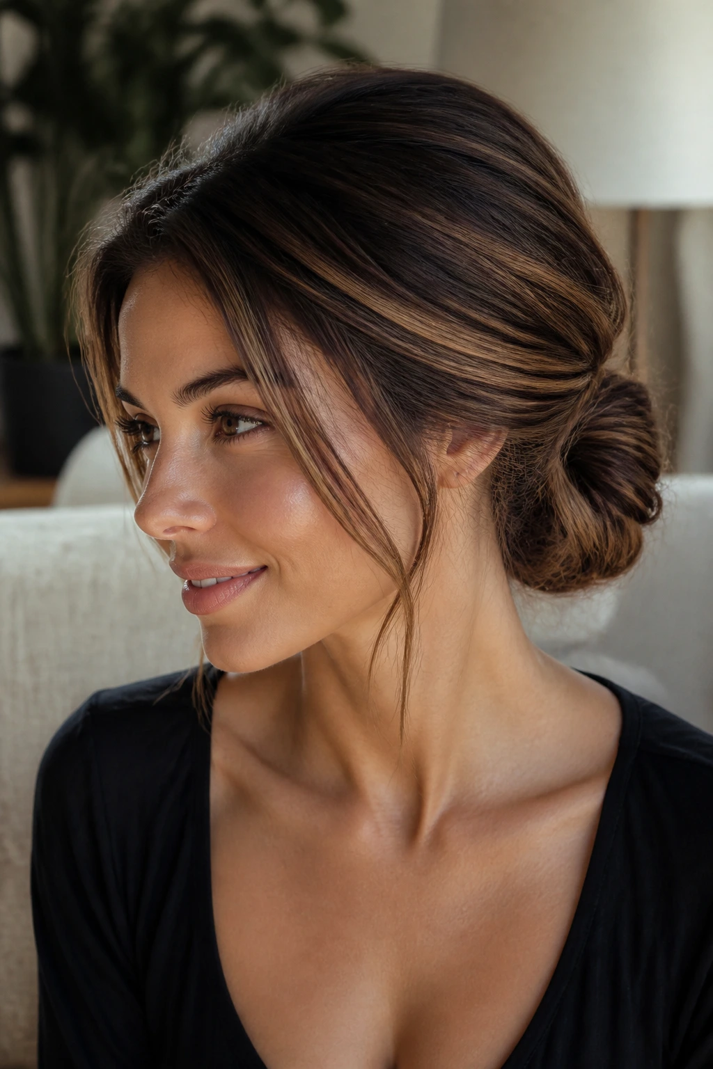 Real woman with a low twisted bun and crown lift