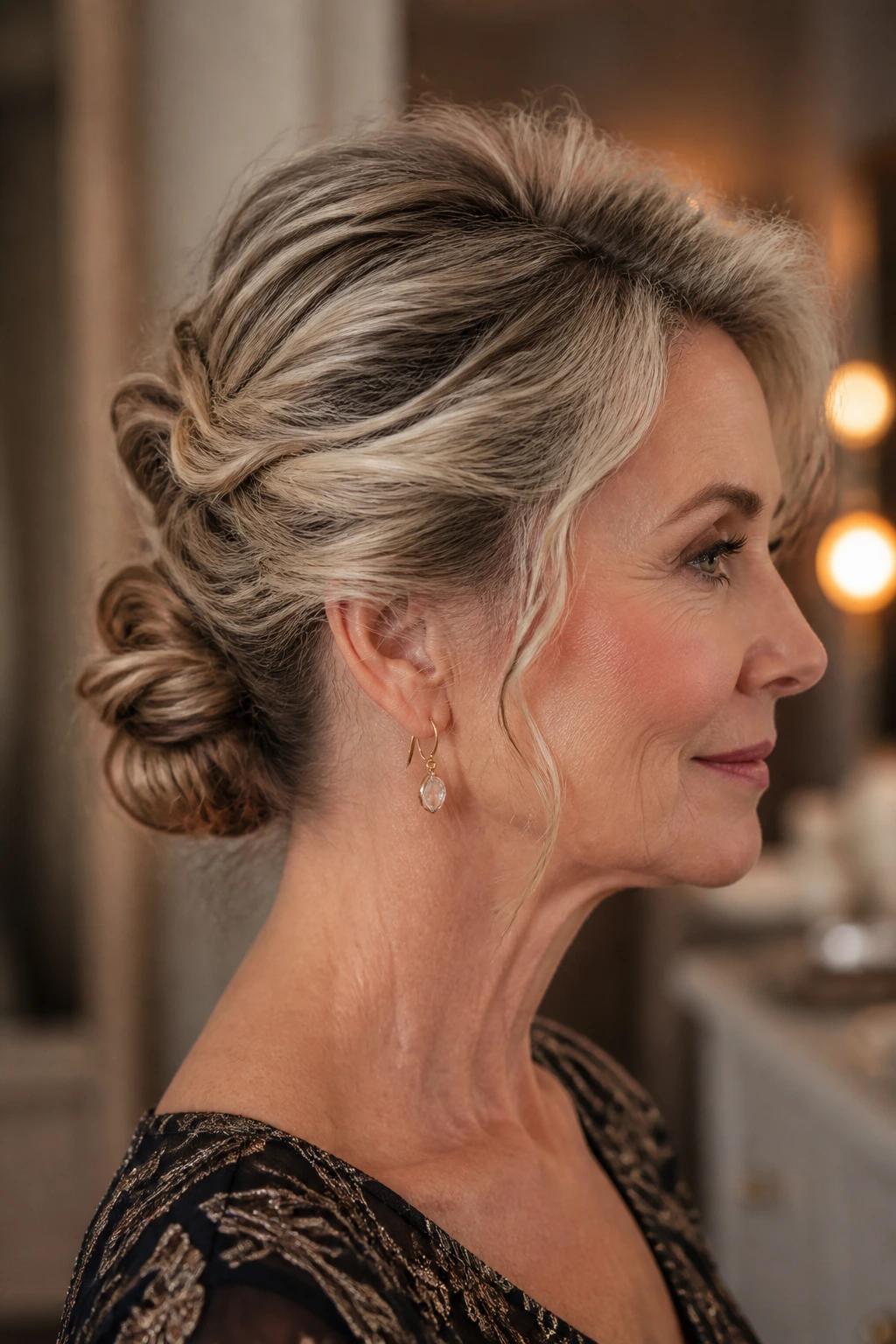 Close-up of a real woman with a twisted crown low bun and diagonal pins in a softly lit dressing room.