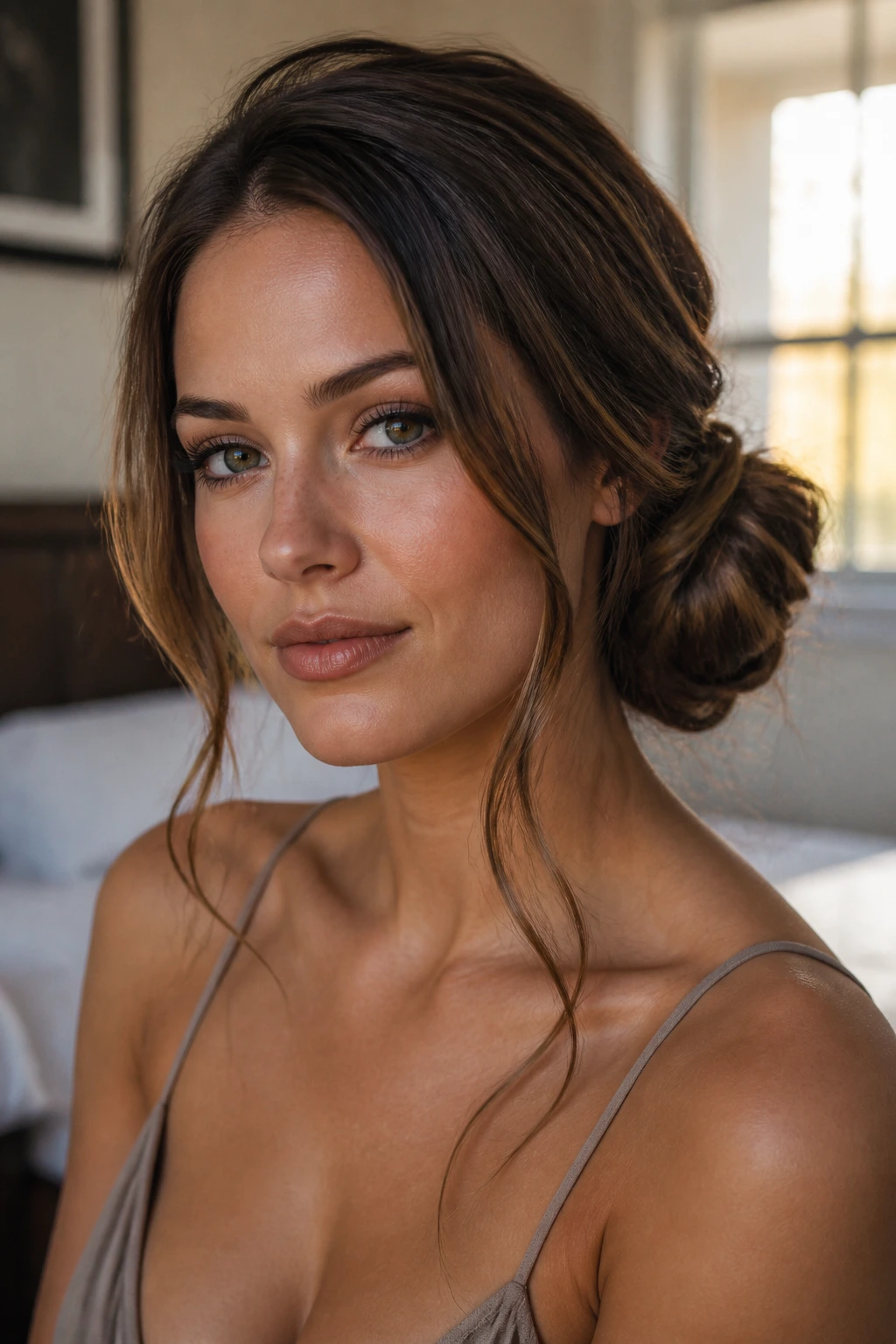 Close-up portrait of a real woman showing a Twisted Side Bun With Long Pieces at the nape with face-framing strands