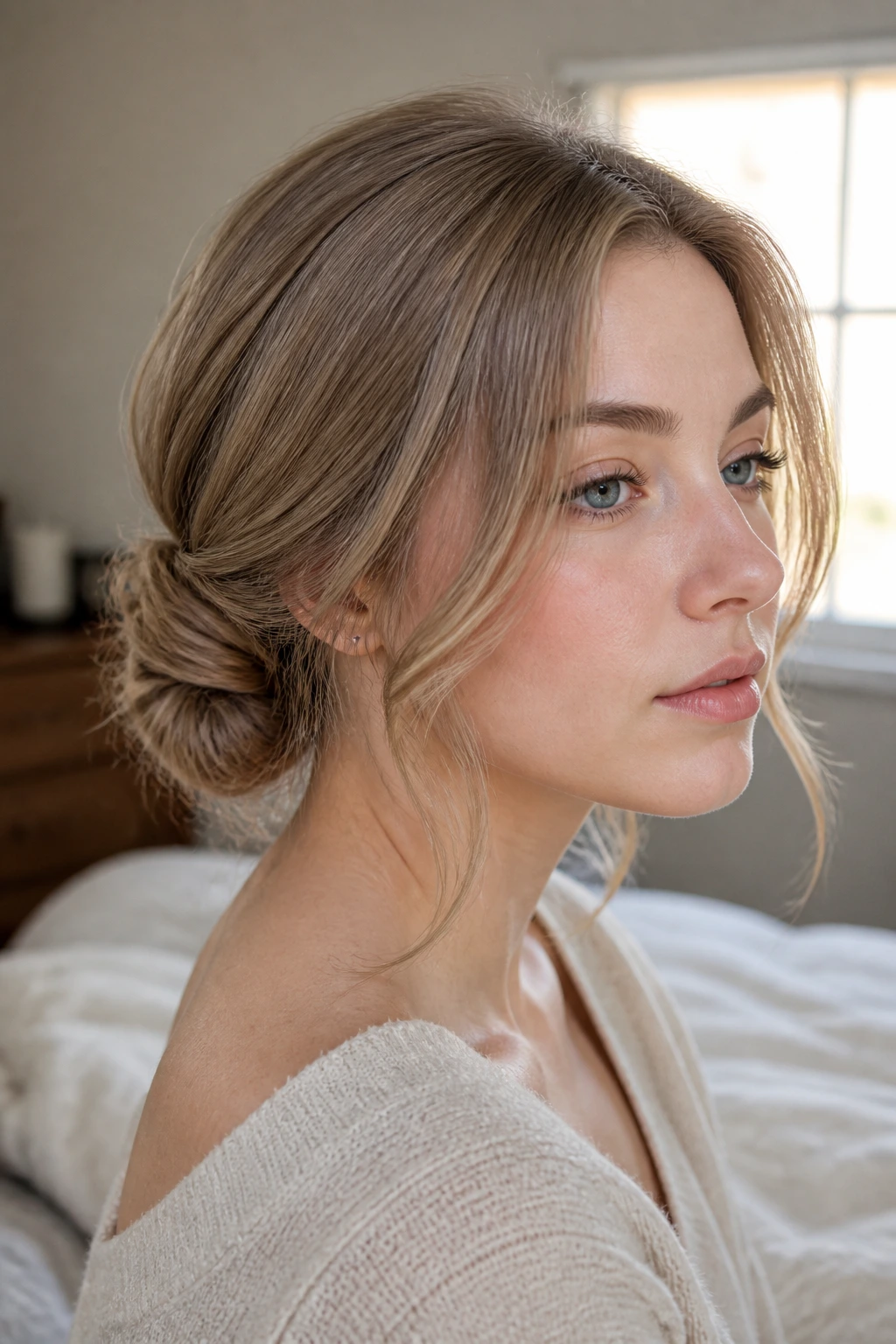 Close-up of a real woman with a loose twisted low bun and face-framing pieces on pale skin in soft window light