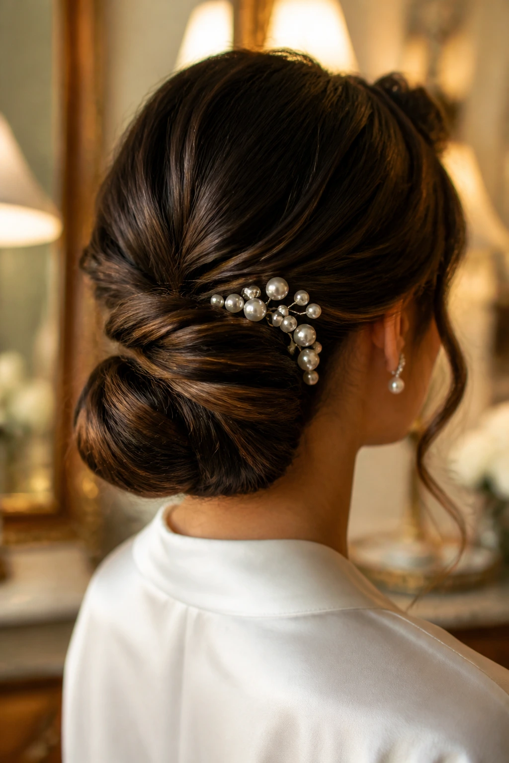 Close-up of a real bride with a twisted low bun and pearl pins