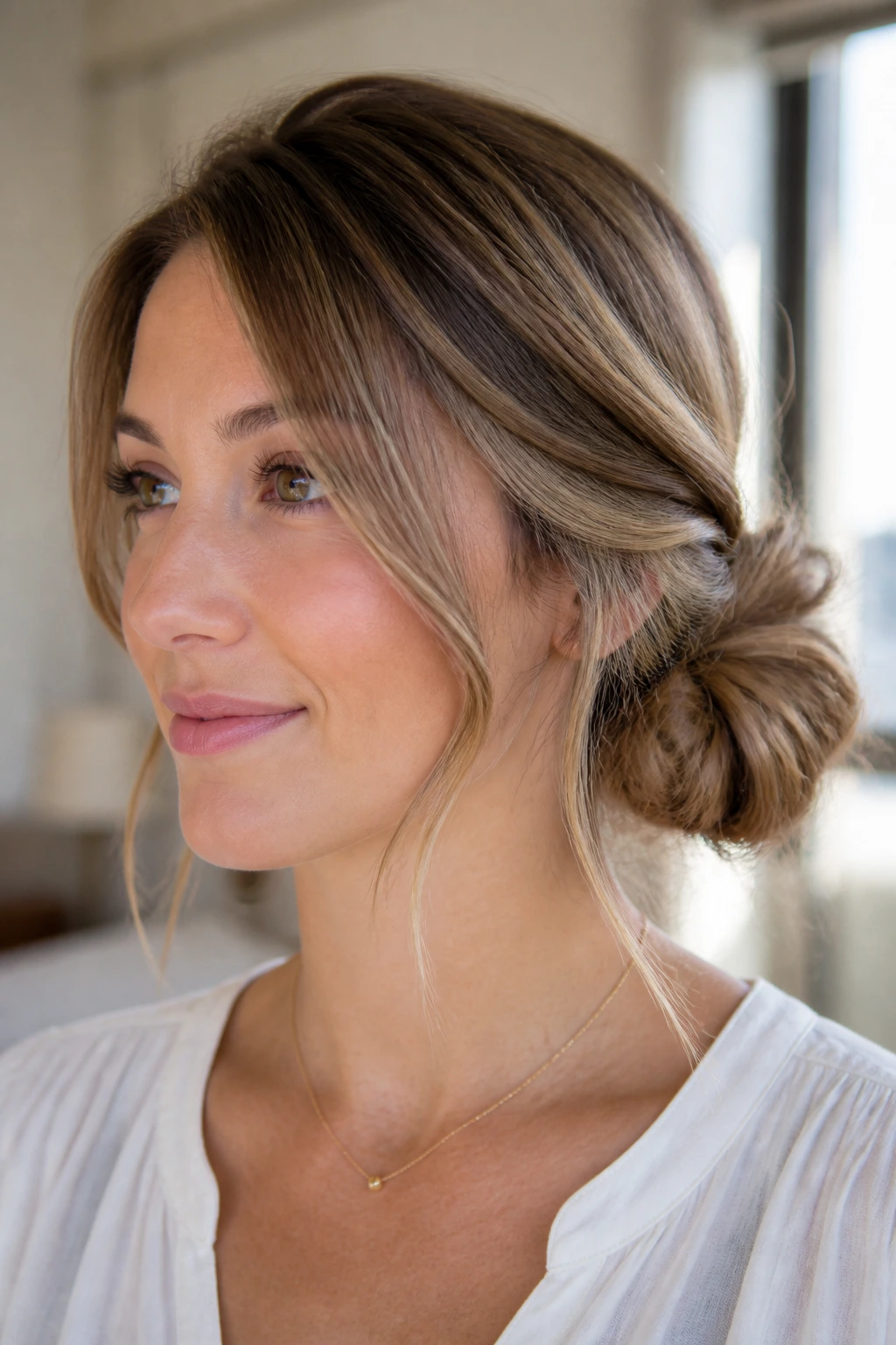 Close-up of a real woman with a side-swept twisted bun in natural light