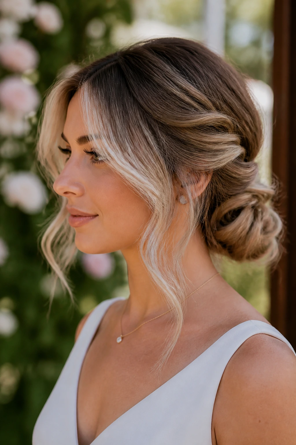 Portrait of a woman with a soft twisted bun and loose front waves