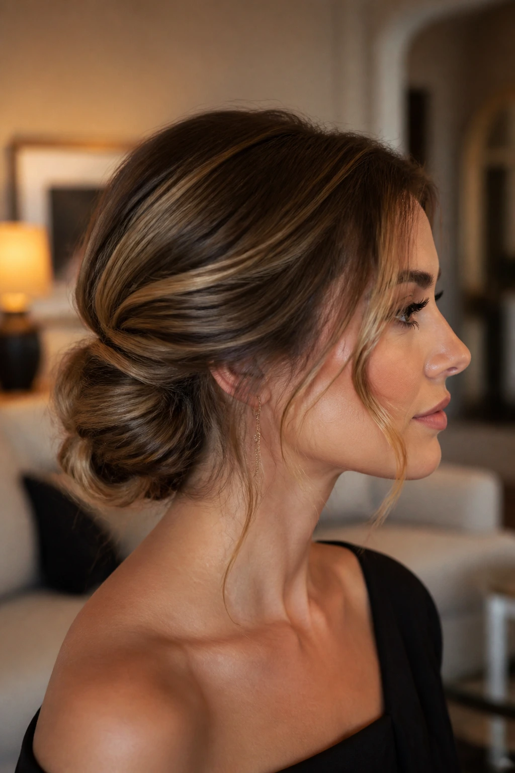 Close-up of a real woman with a low twisted chignon and face-framing pieces