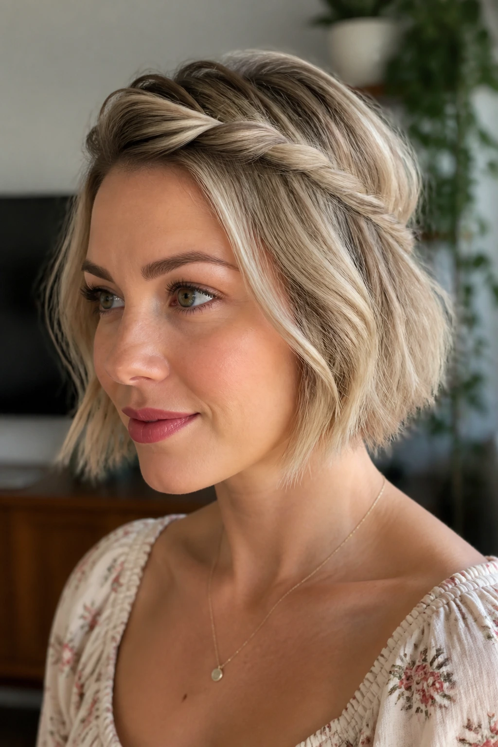 Close-up of a real person with a twisted crown on a bob