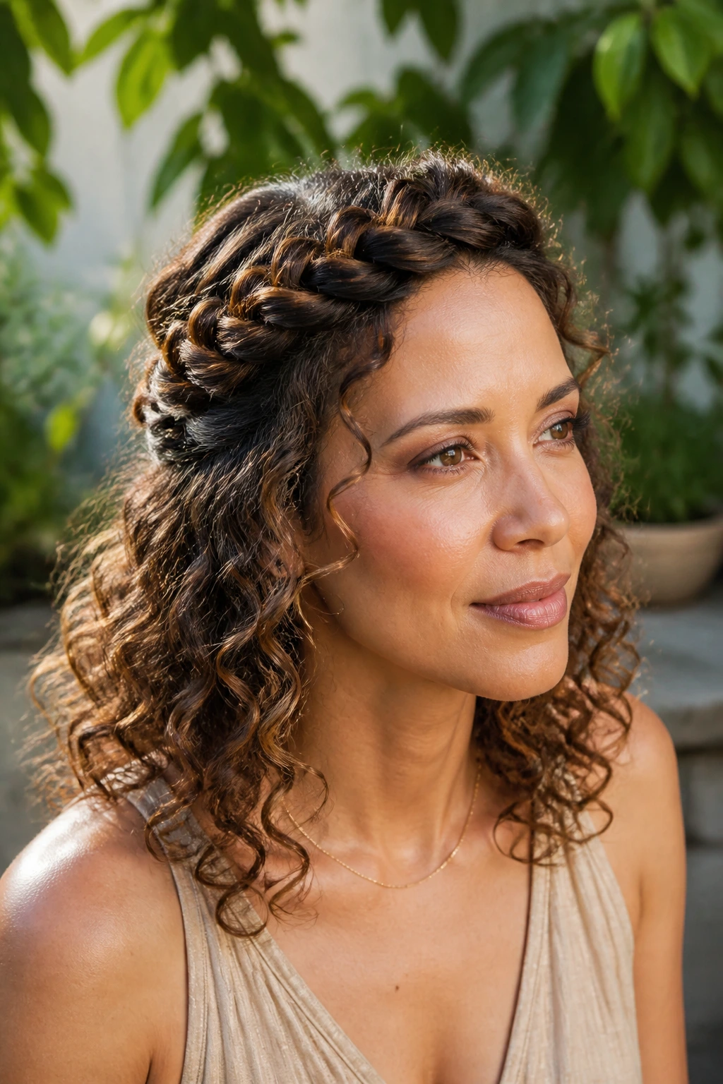 Close-up portrait of a real woman with a twisted crown braid and curls.