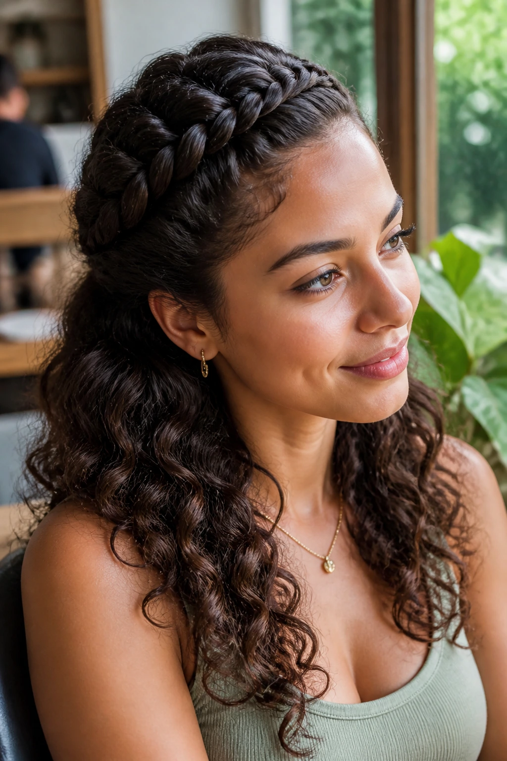 Close-up of a real woman with a twisted crown braid around the head and loose curls down.
