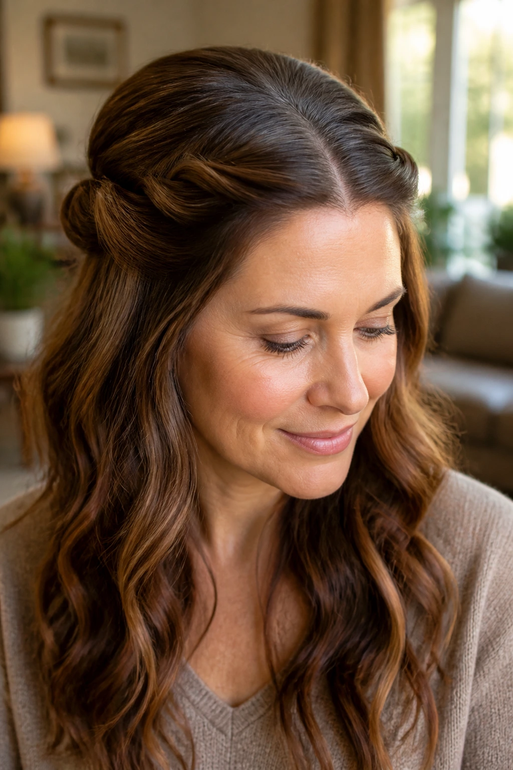 Close-up of a real woman wearing a twisted half-up crown with chestnut waves