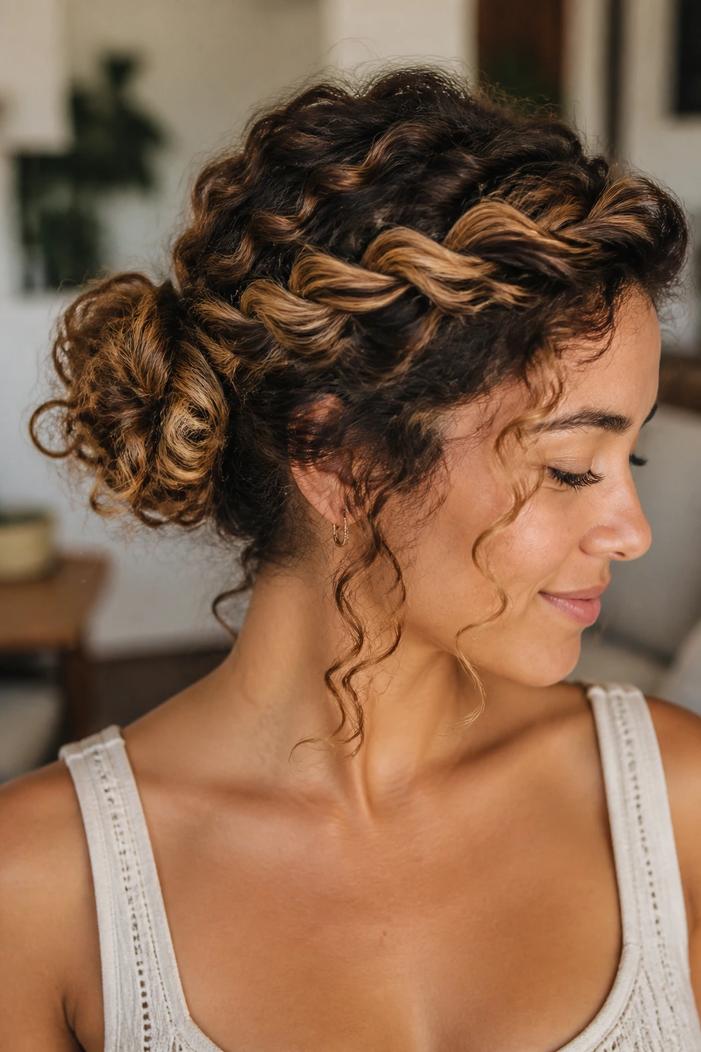 Portrait of a real woman wearing a twisted crown with a curly knot