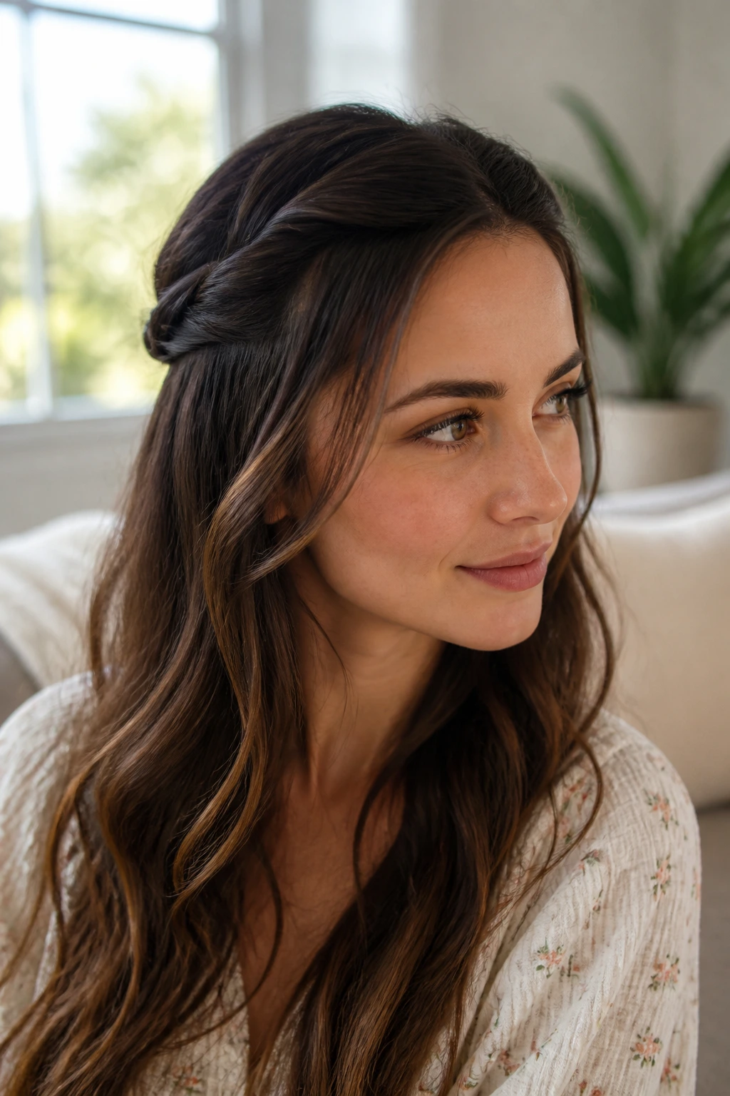 Real woman with twisted crown hairstyle pinned at the crown