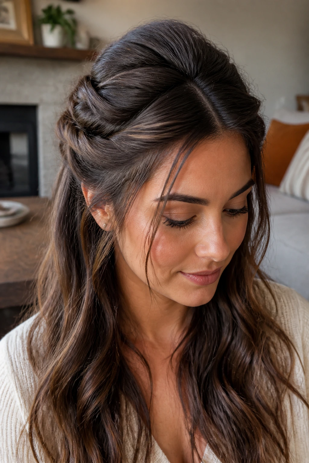 Close-up of a real woman with twisted half-up crown hairstyle