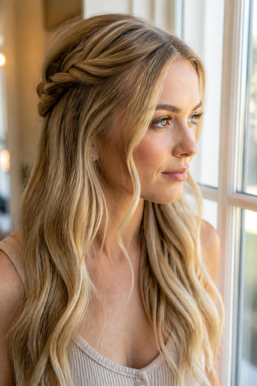 Close-up of a real woman wearing a twisted crown half-up hairstyle.