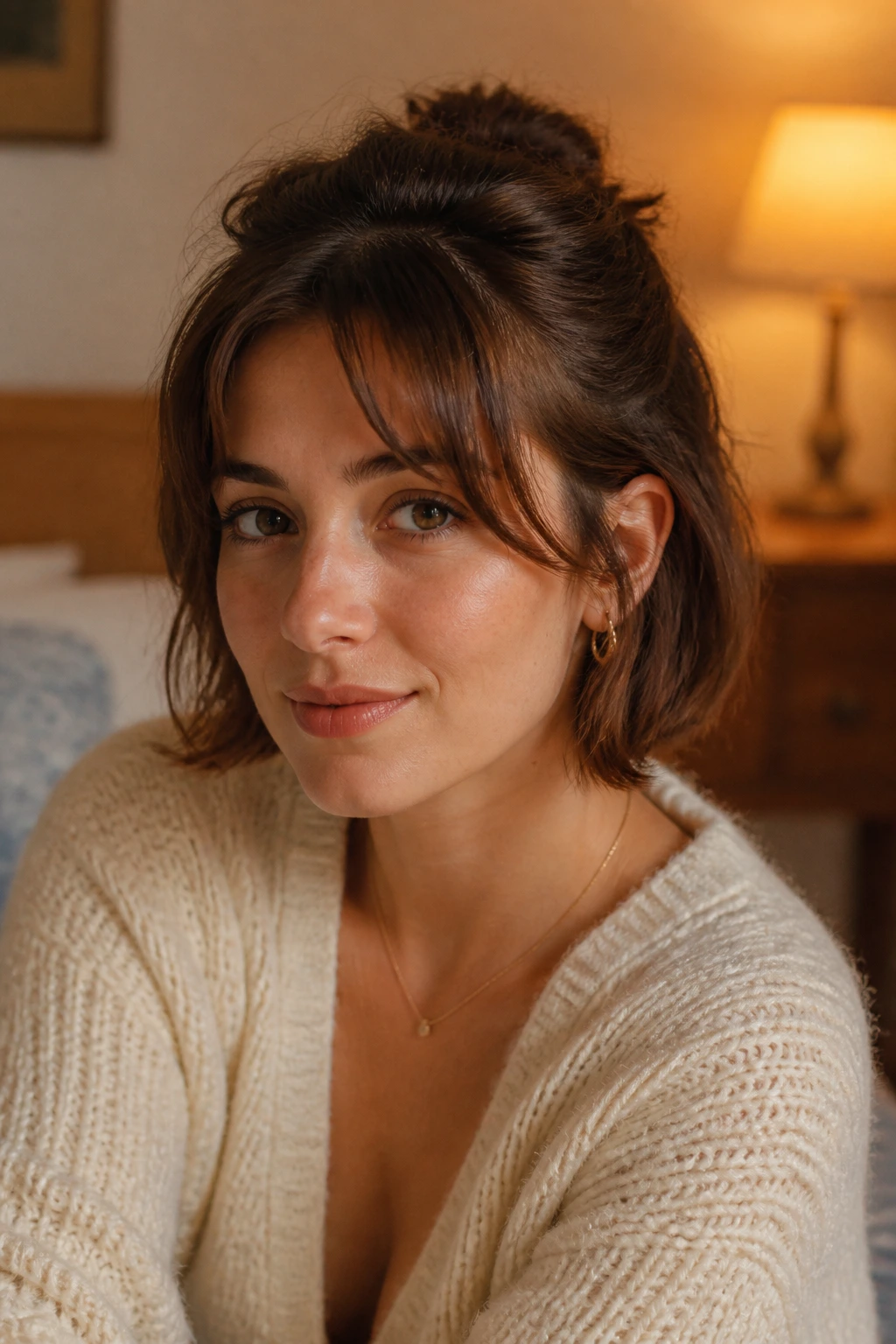 Close-up portrait of a real woman with The Twisted Crown Half-Up hairstyle
