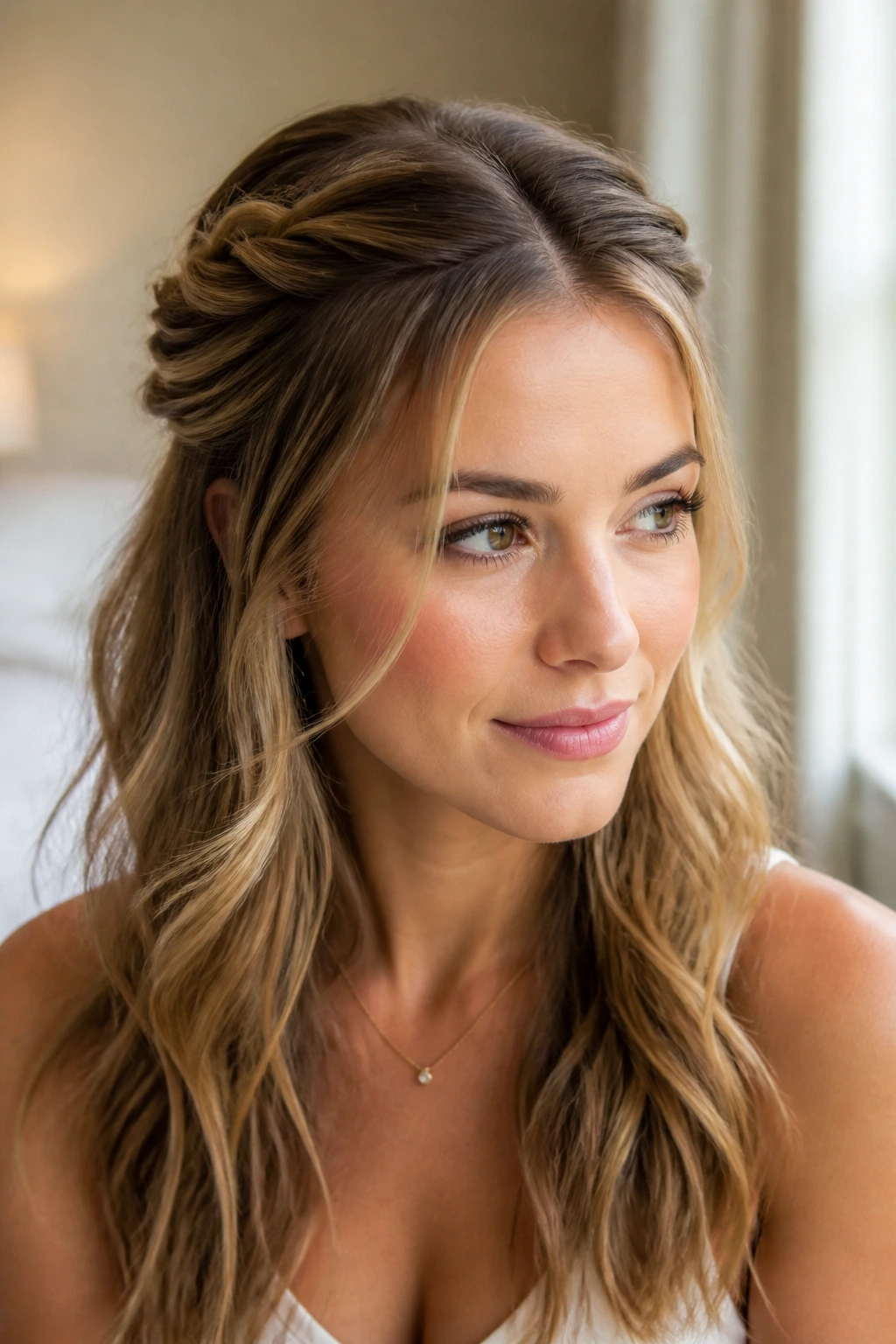 Close-up portrait of a woman with a twisted crown half-up hairstyle