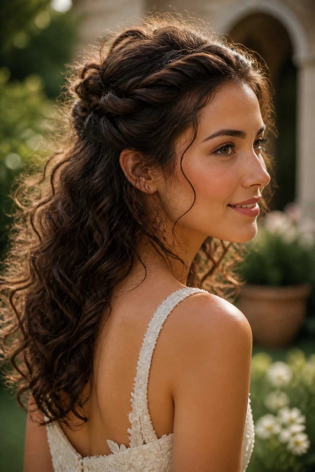 Close-up portrait of a real woman with twisted crown half-up waves hairstyle