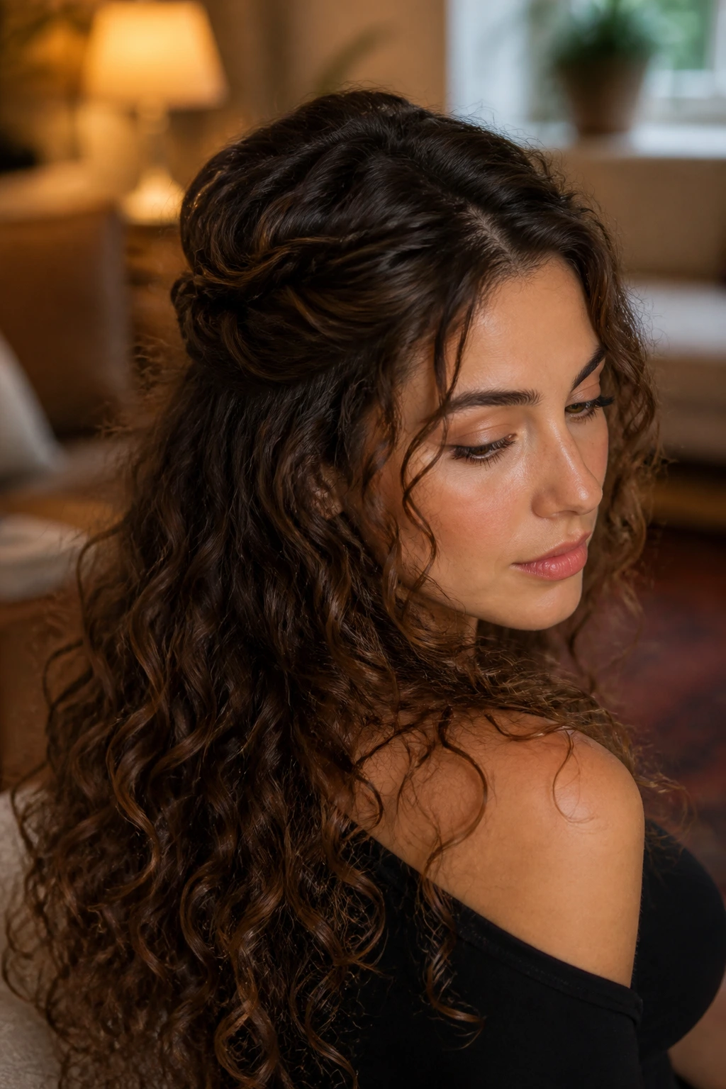 Close-up of a real woman with twists at the crown and loose curly ends.