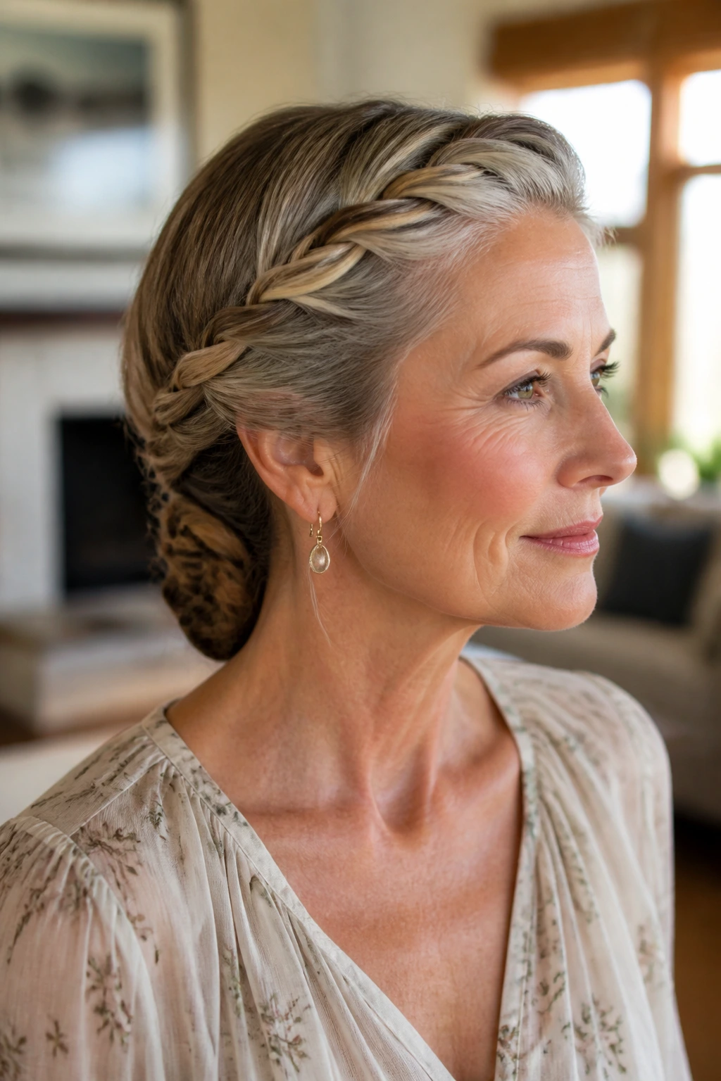 Close-up of a real woman with a twisted crown and nape braid.
