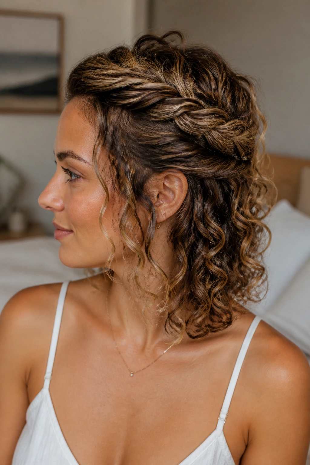 Real woman with twisted crown hairstyle and open back
