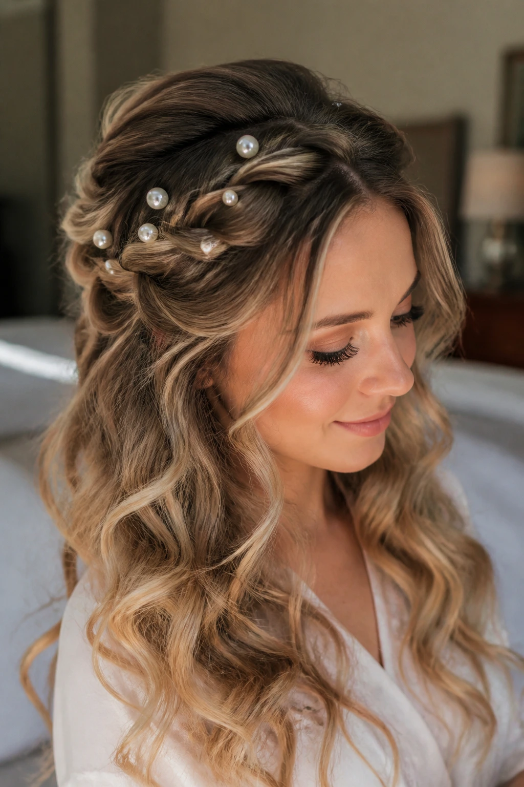 Close-up of a real woman wearing a twisted crown half-up with pearl pins