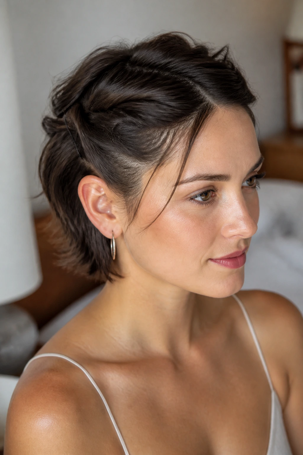 Close-up portrait of a woman with twisted crown and pin-secured sides