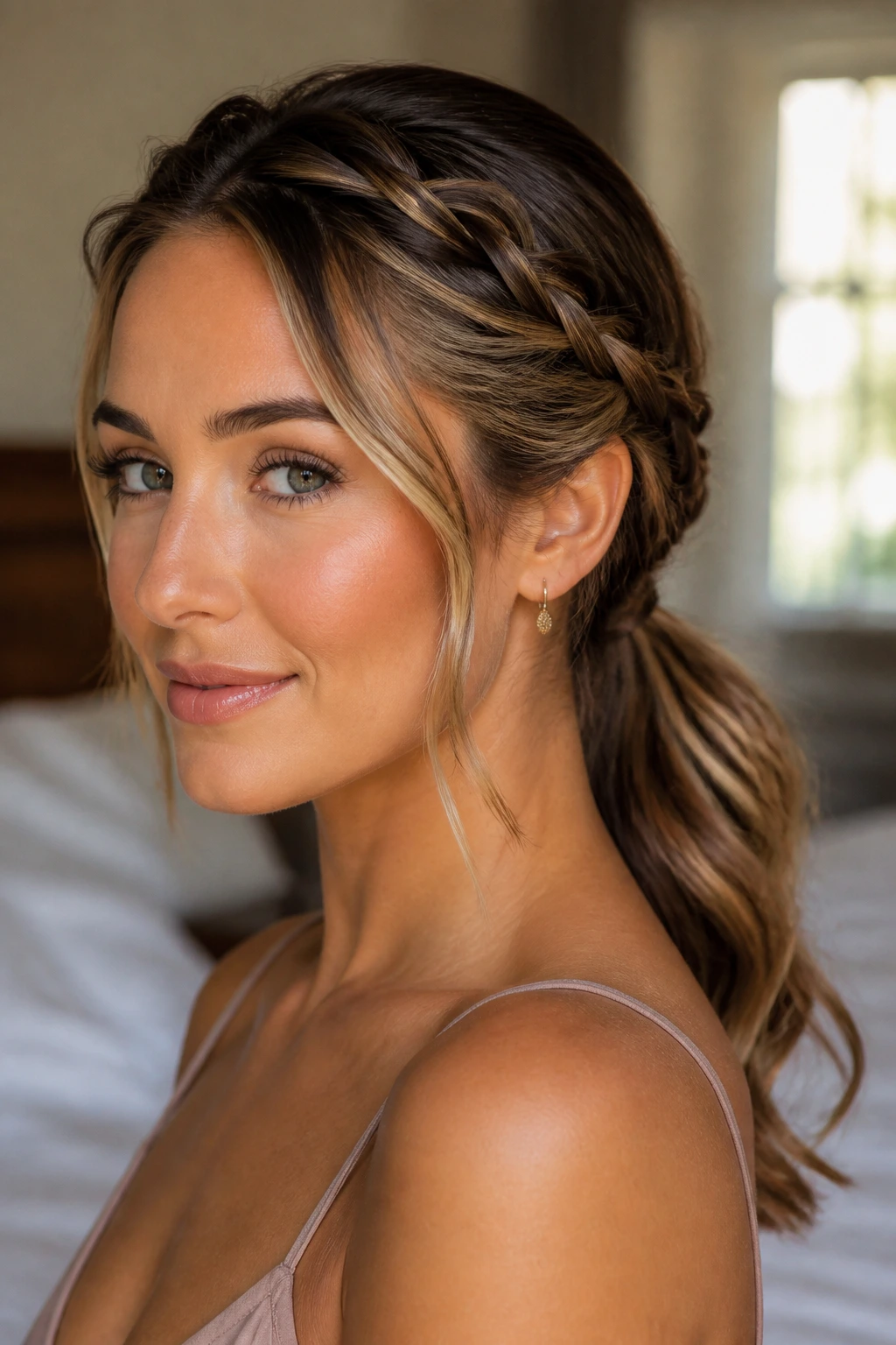 Close-up of a real woman with a twisted crown low ponytail showing two twists at the hairline and a low ponytail