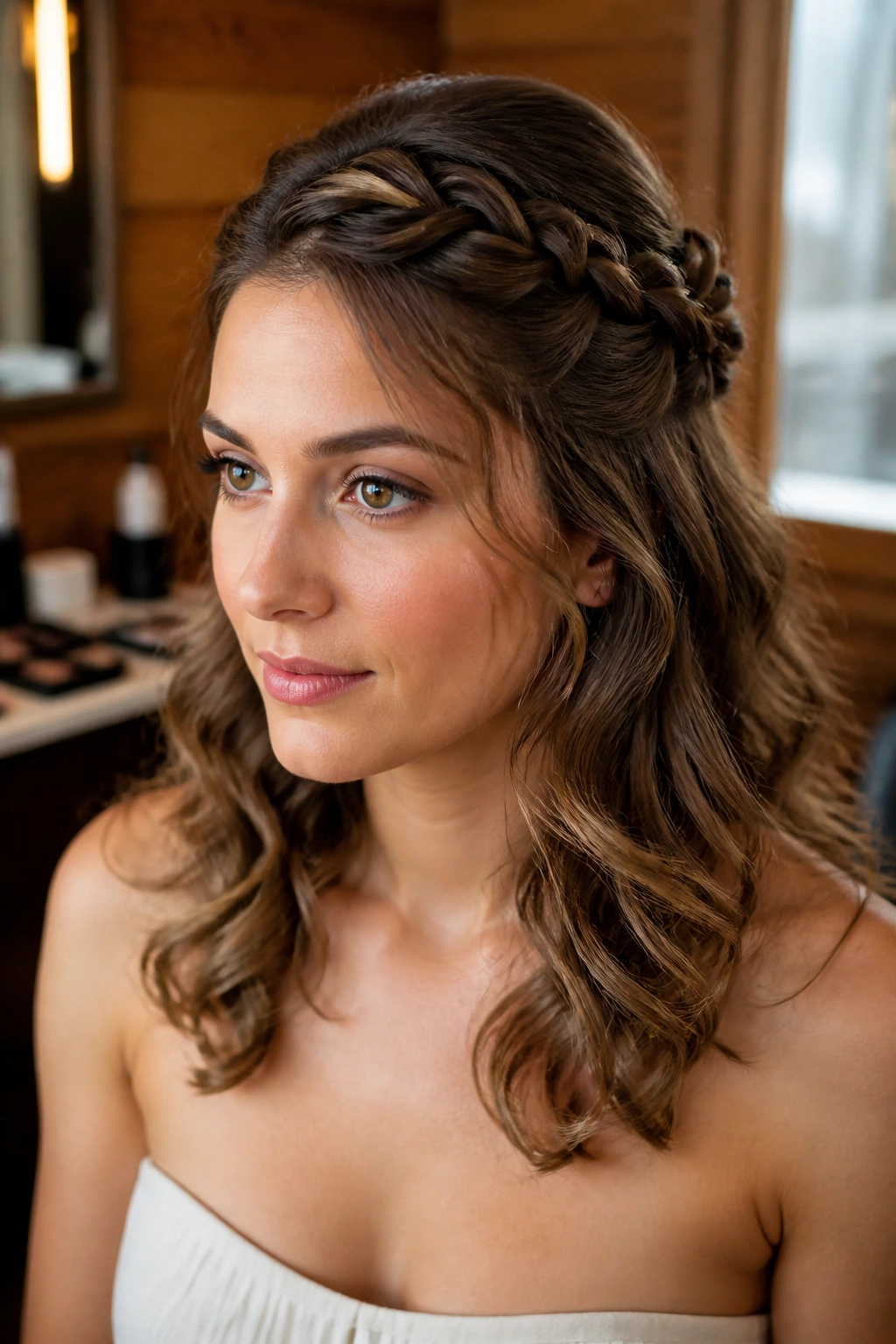 Portrait of a real woman with temple twists and soft waves in a crown-like half-up style.