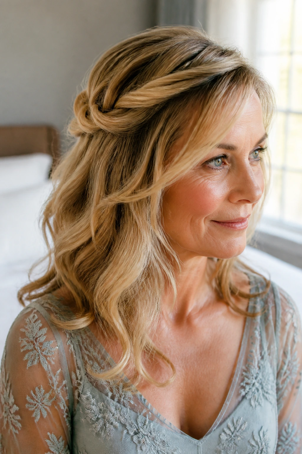 Close-up of woman with soft twisted crown and loose waves bridal look