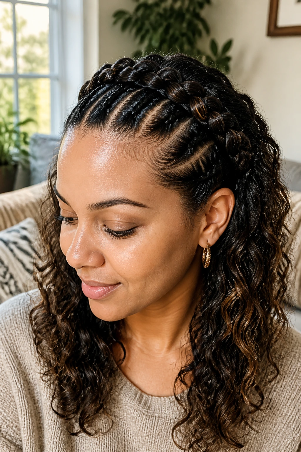 Close-up portrait of a real woman with twisted-front hybrid crown
