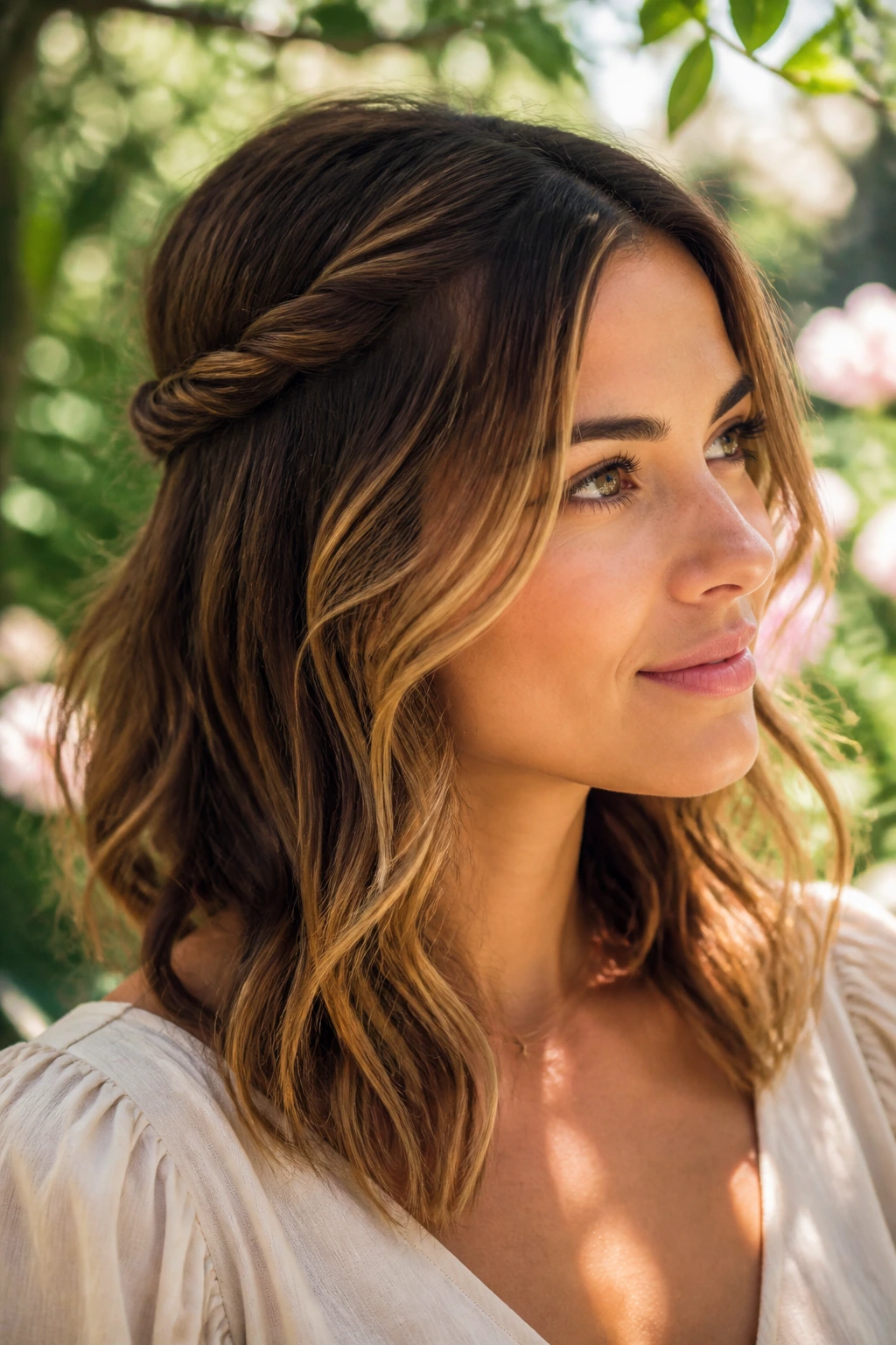 Close-up portrait of a real woman with twisted front pieces and open length waves
