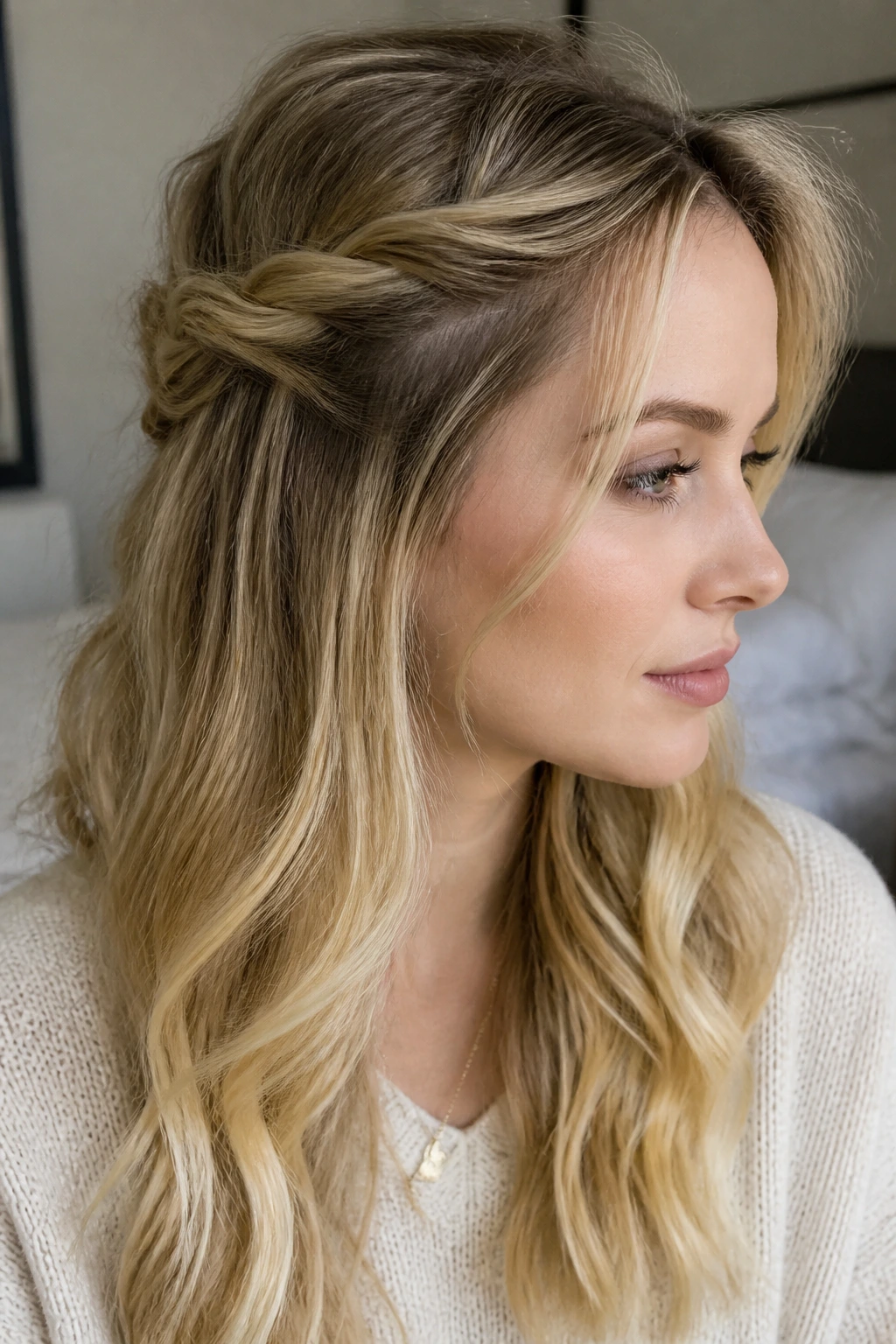 Real woman with twisted half-braid and pale honey ends in soft window light.