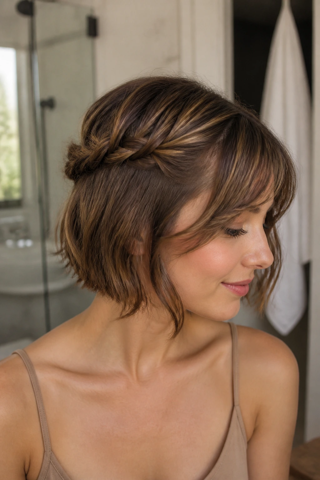 Close-up of a real woman with twisted half-crown on chin-length hair