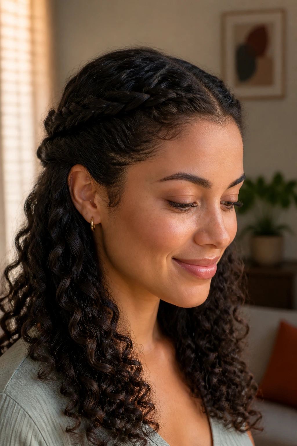 Close-up of a real woman with a twisted half-crown hairstyle and loose curls