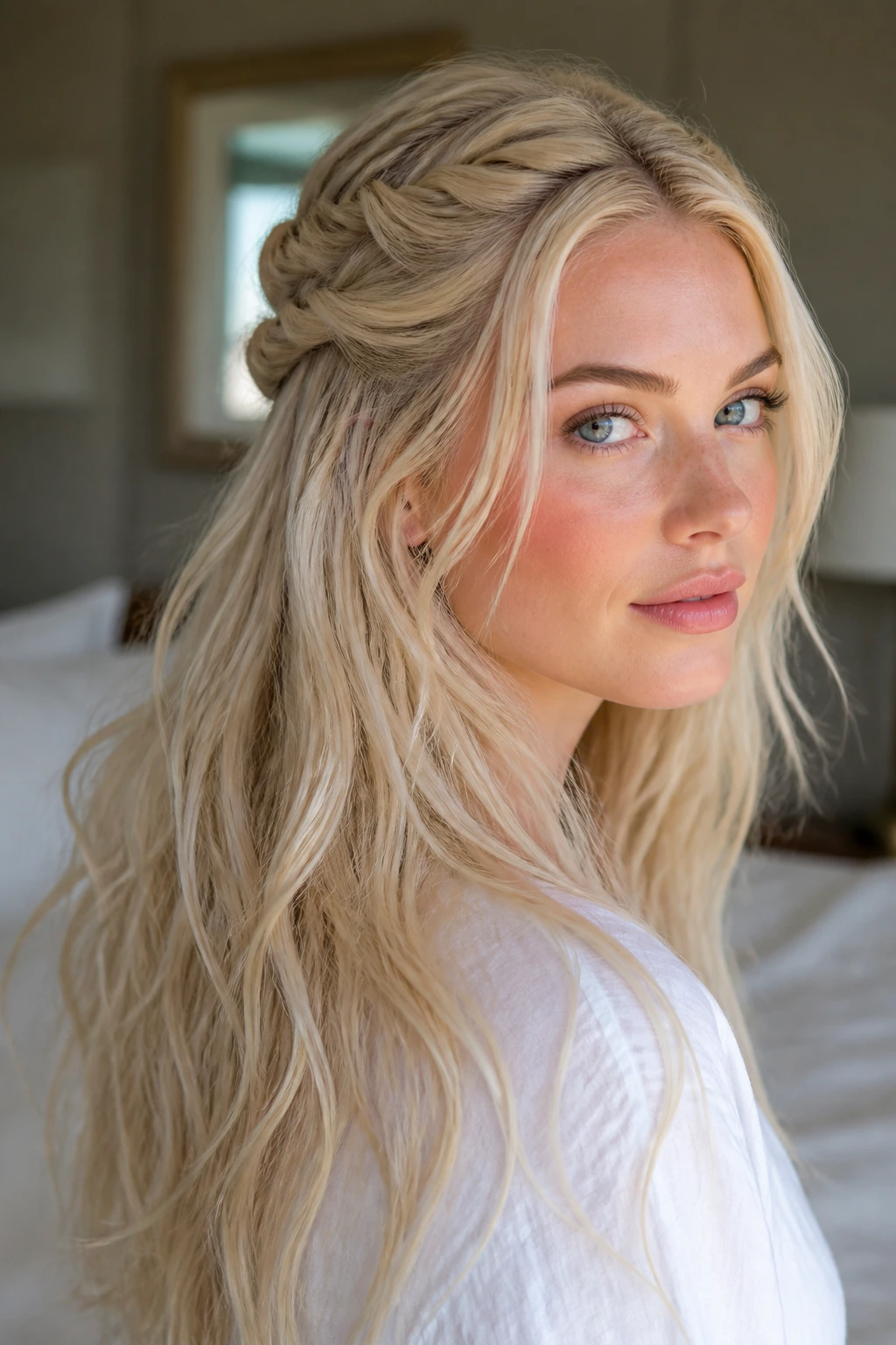 Close-up of a real woman with twisted half crown on long layers platinum blonde hair, open-face framing