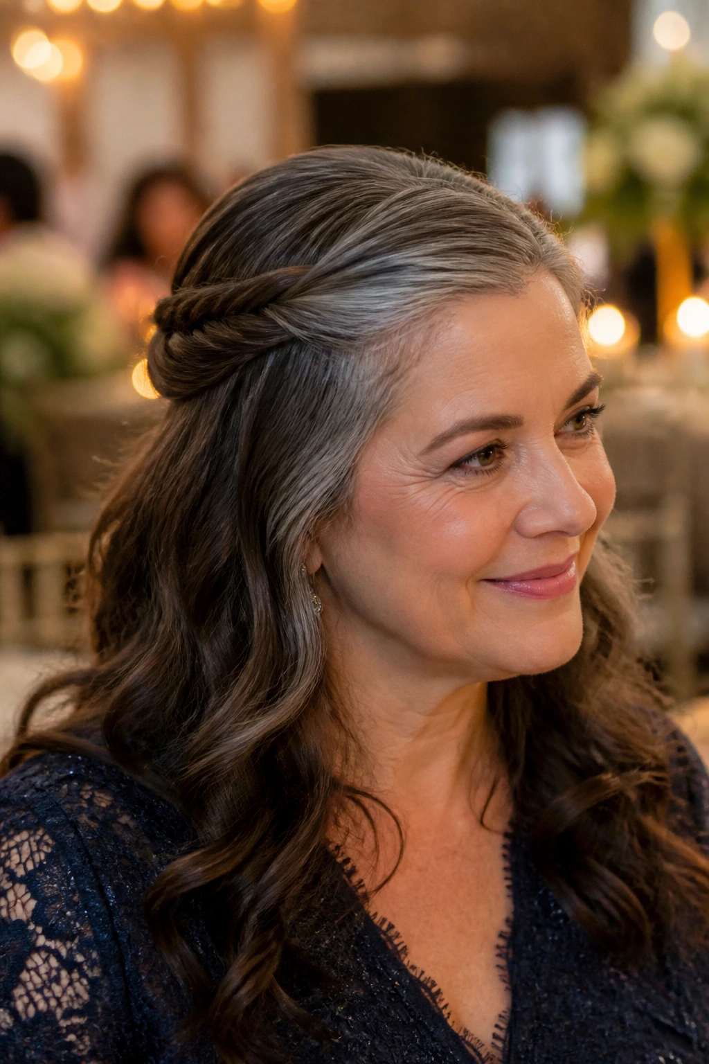 Portrait of a woman with a twisted half-halo hairstyle showing grey highlights.